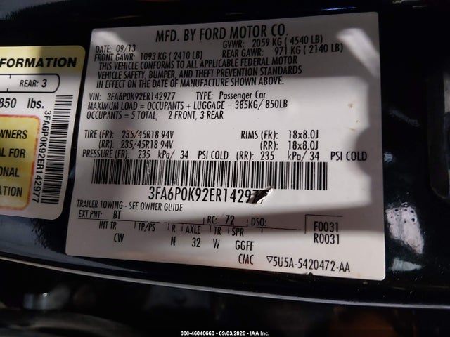 2014 Ford Fusion Titanium მანქანა იყიდება აუქციონზე, vin: 3FA6P0K92ER142977, აუქციონის ნომერი: 46040660