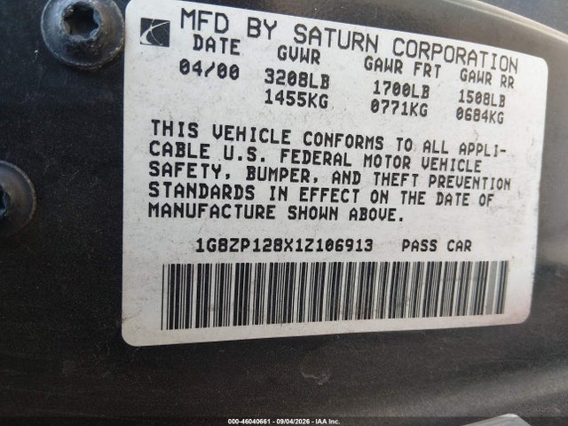 2001 Saturn Sc1 მანქანა იყიდება აუქციონზე, vin: 1G8ZP128X1Z106913, აუქციონის ნომერი: 46040661