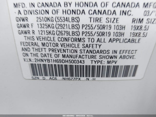 Aukcja sprzedaży 2013 Acura Zdx, vin: 2HNYB1H69DH500343, numer aukcji: 46040662