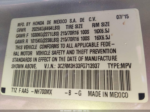 Продаж на аукціоні авто 2015 Honda Cr-v Lx, vin: 3CZRM3H33FG713937, номер лоту: 46040669