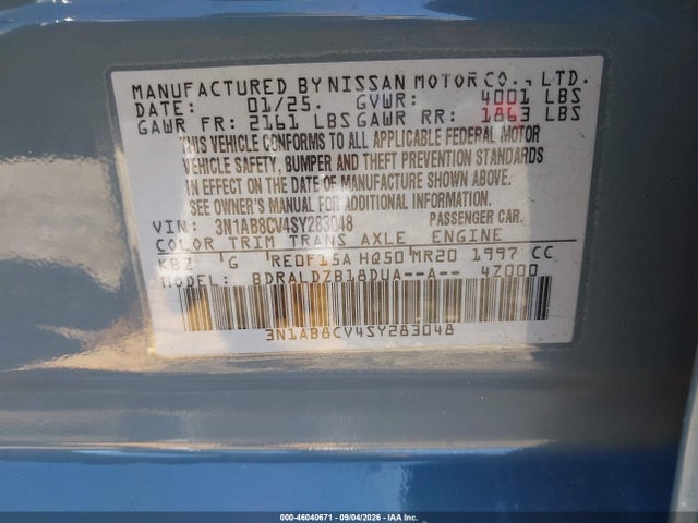Aukcja sprzedaży 2025 Nissan Sentra Sv, vin: 3N1AB8CV4SY283048, numer aukcji: 46040671