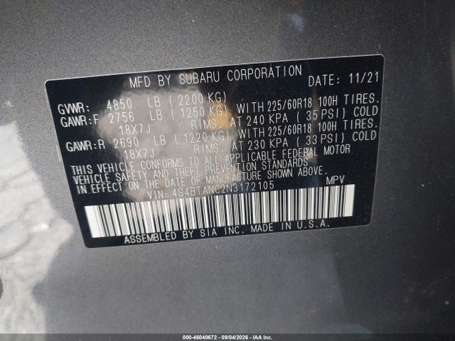 Продажа на аукционе авто 2022 Subaru Outback Limited, vin: 4S4BTANC2N3172105, номер лота: 46040672