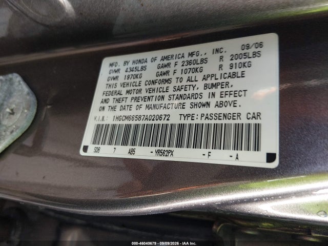 Aukcja sprzedaży 2007 Honda Accord 3.0 Ex, vin: 1HGCM66587A020672, numer aukcji: 46040679