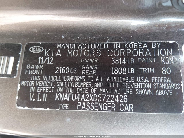 2013 Kia Forte Ex მანქანა იყიდება აუქციონზე, vin: KNAFU4A2XD5722426, აუქციონის ნომერი: 46040683