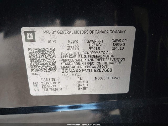 46040684 :رقم المزاد ، 2GNAXXEV1L6207688 vin ، 2020 Chevrolet Equinox Awd Premier 1.5l Turbo مزاد بيع