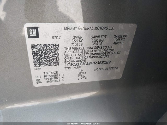 Продаж на аукціоні авто 2017 Gmc Yukon Denali, vin: 1GKS1CKJ8HR368189, номер лоту: 46040687
