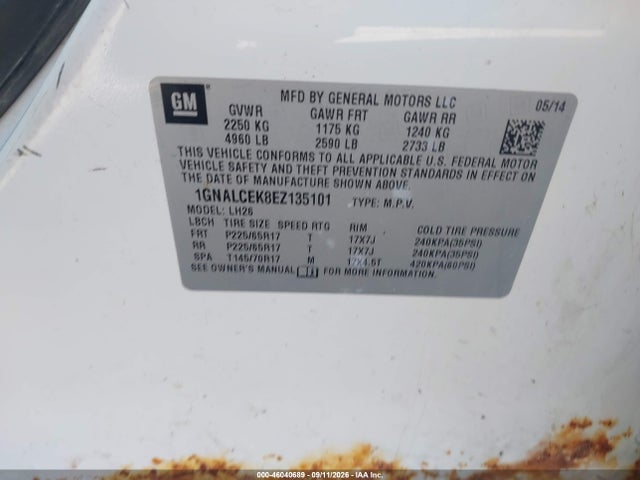 Продаж на аукціоні авто 2014 Chevrolet Equinox 2lt, vin: 1GNALCEK8EZ135101, номер лоту: 46040689