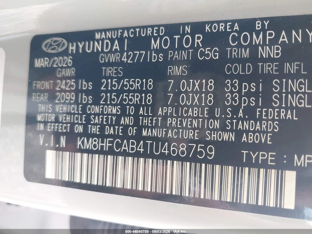 2026 Hyundai Kona Sel Sport მანქანა იყიდება აუქციონზე, vin: KM8HFCAB4TU468759, აუქციონის ნომერი: 46040708