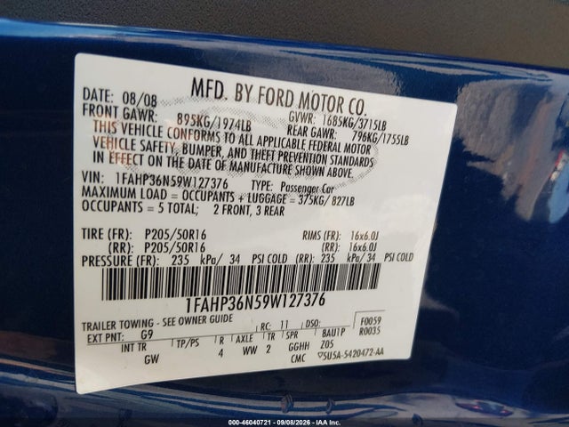 Aukcja sprzedaży 2009 Ford Focus Ses, vin: 1FAHP36N59W127376, numer aukcji: 46040721