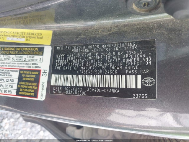 Продажа на аукционе авто 2009 Toyota Camry Le, vin: 4T4BE46K59R124606, номер лота: 46040723