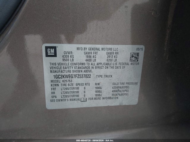 46040728 :رقم المزاد ، 1GC2KWEG7FZ537822 vin ، 2015 Chevrolet Silverado 2500hd Built After Aug 14 Ltz مزاد بيع