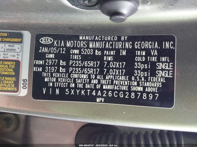 Продажа на аукционе авто 2012 Kia Sorento Lx V6, vin: 5XYKT4A26CG287897, номер лота: 46040747