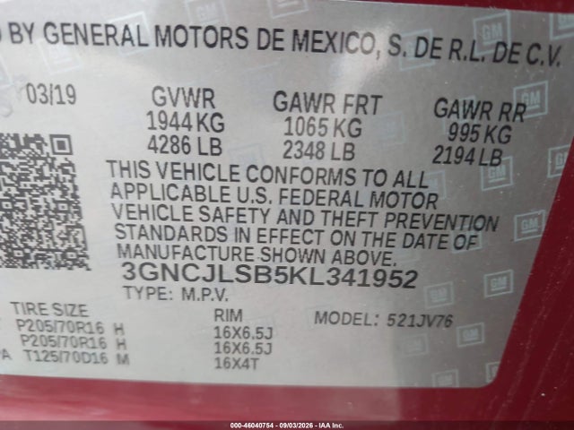 2019 Chevrolet Trax Lt მანქანა იყიდება აუქციონზე, vin: 3GNCJLSB5KL341952, აუქციონის ნომერი: 46040754