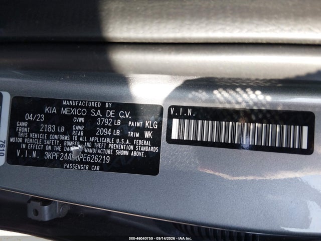 46040759 :رقم المزاد ، 3KPF24AD3PE626219 vin ، 2023 Kia Forte Lxs مزاد بيع