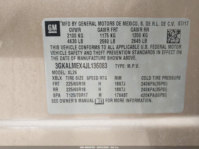 46040768 :رقم المزاد ، 3GKALMEX4JL136083 vin ، 2018 Gmc Terrain Sle مزاد بيع