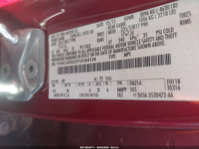 Ford ESCAPE SE 2015 1FMCU0GXXFUC64134 Image 9