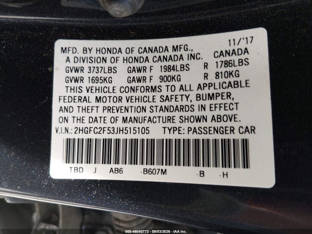 46040773 :رقم المزاد ، 2HGFC2F53JH515105 vin ، 2018 Honda Civic Lx مزاد بيع