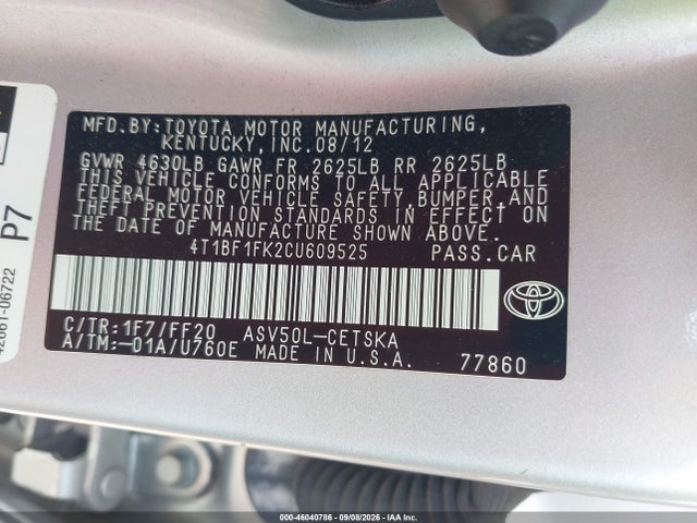 Продаж на аукціоні авто 2012 Toyota Camry Se, vin: 4T1BF1FK2CU609525, номер лоту: 46040786