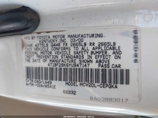 46040815 :رقم المزاد ، 4T1BF28K6YU947147 vin ، 2000 Toyota Camry Xle V6 مزاد بيع