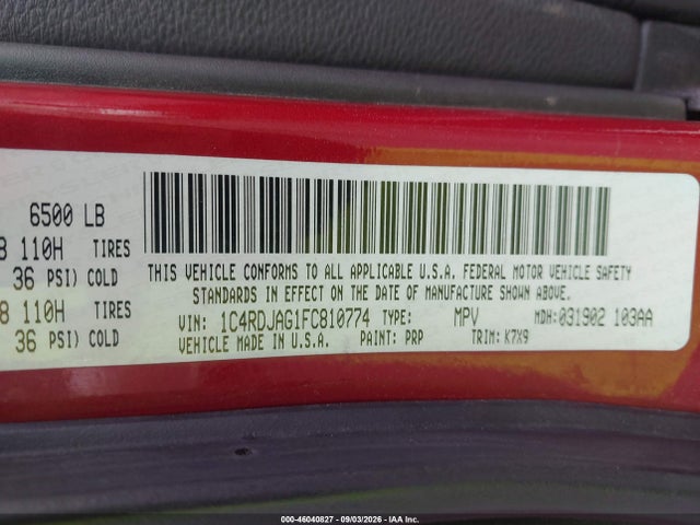 2015 Dodge Durango Sxt მანქანა იყიდება აუქციონზე, vin: 1C4RDJAG1FC810774, აუქციონის ნომერი: 46040827