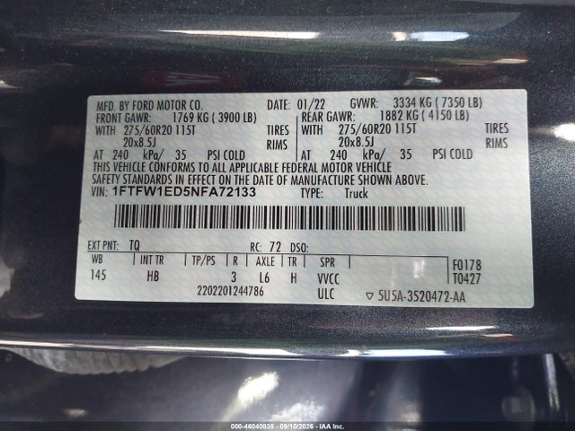 Продажа на аукционе авто 2022 Ford F-150 Lariat, vin: 1FTFW1ED5NFA72133, номер лота: 46040835
