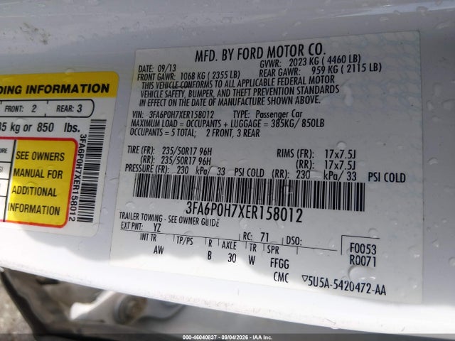 2014 Ford Fusion Se მანქანა იყიდება აუქციონზე, vin: 3FA6P0H7XER158012, აუქციონის ნომერი: 46040837
