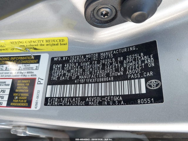 Toyota CAMRY XLE 2015 4T1BF1FKXFU988648 Image 9
