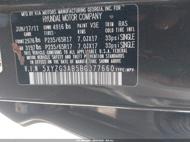 Продажа на аукционе авто 2011 Hyundai Santa Fe Gls, vin: 5XYZG3AB5BG077660, номер лота: 46040866