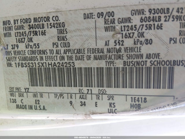 46040876 :رقم المزاد ، 1FBSS31SX1HA24253 vin ، 2001 Ford E-350 Super Duty Xl/xlt مزاد بيع