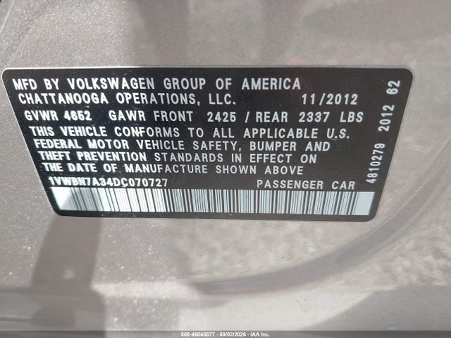 Продаж на аукціоні авто 2013 Volkswagen Passat 2.0l Tdi Se, vin: 1VWBN7A34DC070727, номер лоту: 46040877