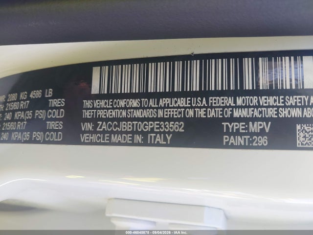 Продажа на аукционе авто 2016 Jeep Renegade Latitude, vin: ZACCJBBT0GPE33562, номер лота: 46040878