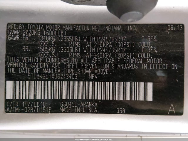 46040884 :رقم المزاد ، 5TDBK3EHXDS243403 vin ، 2013 Toyota Highlander Se V6 مزاد بيع