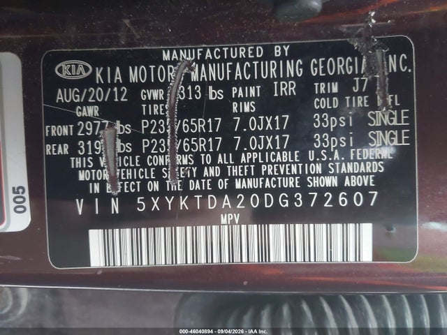 Продаж на аукціоні авто 2013 Kia Sorento Lx V6, vin: 5XYKTDA20DG372607, номер лоту: 46040894