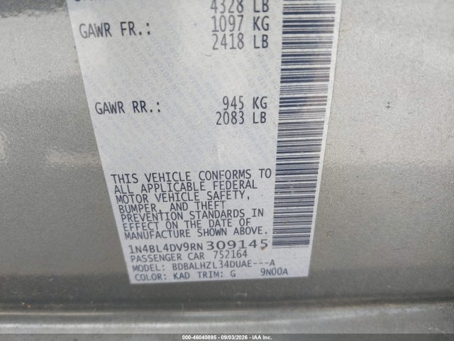 46040895 :رقم المزاد ، 1N4BL4DV9RN309145 vin ، 2024 Nissan Altima Sv Fwd مزاد بيع