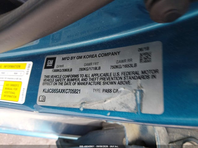 Aukcja sprzedaży 2019 Chevrolet Spark Ls Cvt, vin: KL8CB6SAXKC705821, numer aukcji: 46040901