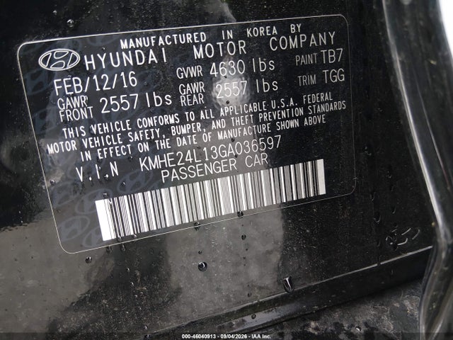 Продаж на аукціоні авто 2016 Hyundai Sonata Hybrid Se, vin: KMHE24L13GA036597, номер лоту: 46040913