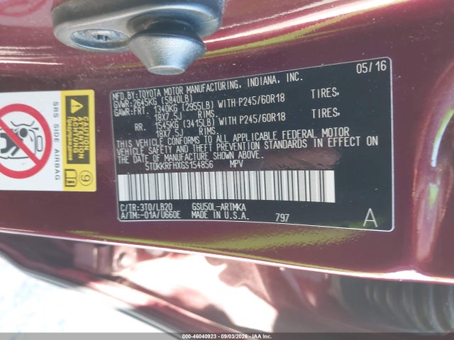 Продаж на аукціоні авто 2016 Toyota Highlander Xle V6, vin: 5TDKKRFHXGS154856, номер лоту: 46040923