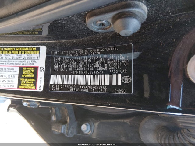 46040927 :رقم المزاد ، 4T1M11AKXLU983573 vin ، 2020 Toyota Camry Se مزاد بيع