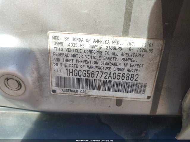 Aukcja sprzedaży 2002 Honda Accord 2.3 Se, vin: 1HGCG56772A056882, numer aukcji: 46040932