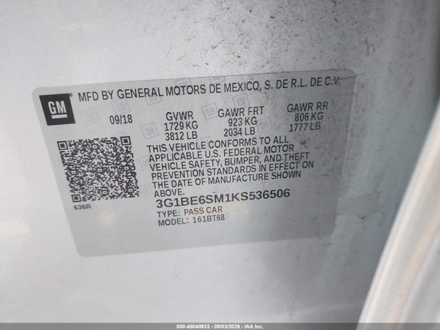 2019 Chevrolet Cruze Lt მანქანა იყიდება აუქციონზე, vin: 3G1BE6SM1KS536506, აუქციონის ნომერი: 46040933