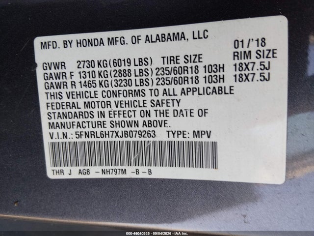 Aukcja sprzedaży 2018 Honda Odyssey Ex-l, vin: 5FNRL6H7XJB079263, numer aukcji: 46040935
