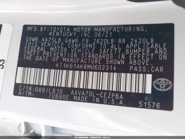 46040938 :رقم المزاد ، 4T1K61AK8MU602314 vin ، 2021 Toyota Camry Xse مزاد بيع