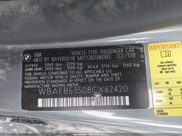 46040943 :رقم المزاد ، WBAEB53508CX62420 vin ، 2008 Bmw 650i مزاد بيع