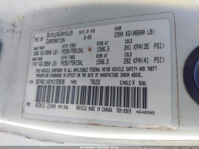 Aukcja sprzedaży 2000 Dodge Ram Van 1500 Conversion, vin: 2B7HB11X2YK155836, numer aukcji: 46040949