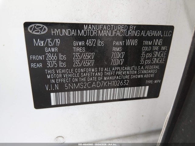 2019 Hyundai Santa Fe Se მანქანა იყიდება აუქციონზე, vin: 5NMS2CAD7KH102632, აუქციონის ნომერი: 46040960