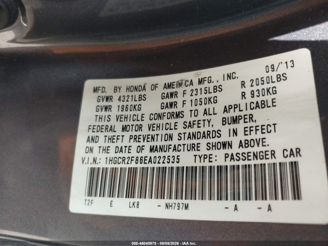 2014 Honda Accord Ex-l მანქანა იყიდება აუქციონზე, vin: 1HGCR2F86EA022535, აუქციონის ნომერი: 46040975