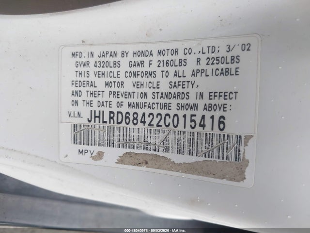 2002 Honda Cr-v Lx მანქანა იყიდება აუქციონზე, vin: JHLRD68422C015416, აუქციონის ნომერი: 46040978
