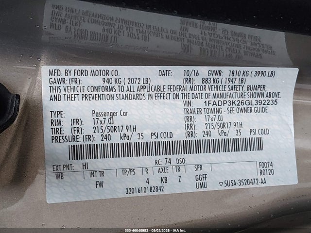 Ford FOCUS SE 2016 1FADP3K26GL392235 Image 9