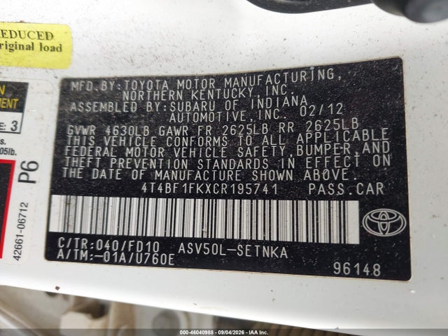 Aukcja sprzedaży 2012 Toyota Camry Le, vin: 4T4BF1FKXCR195741, numer aukcji: 46040988
