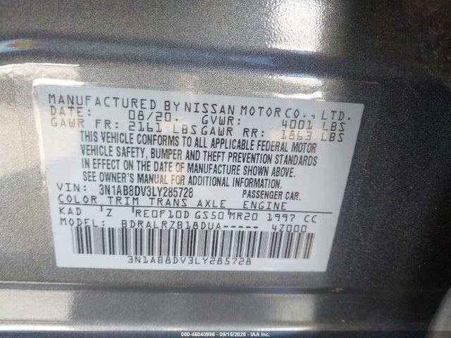 Aukcja sprzedaży 2020 Nissan Sentra Sr Xtronic Cvt, vin: 3N1AB8DV3LY285728, numer aukcji: 46040996